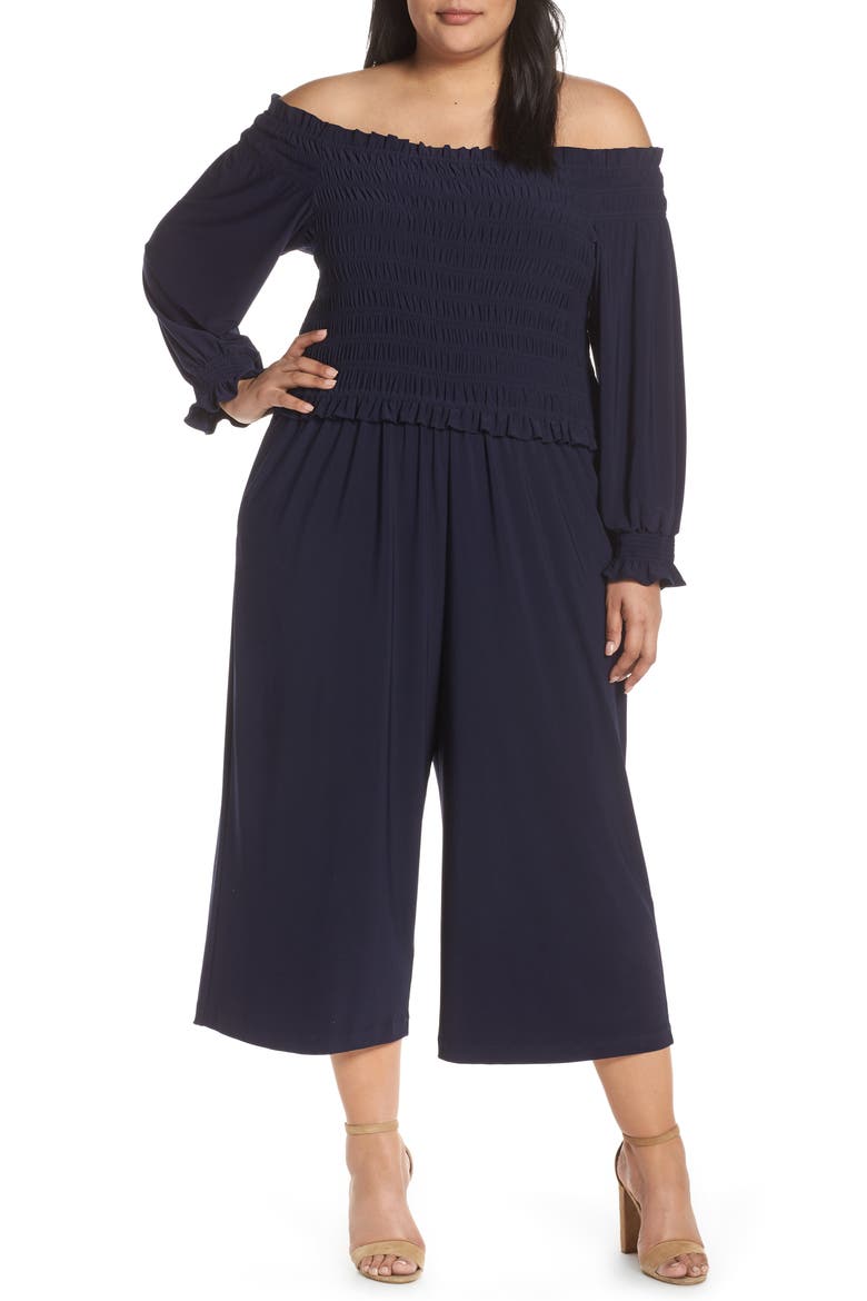 Long Sleeve Off the Shoulder Smocked Jumpsuit, Main, color, NAVY
