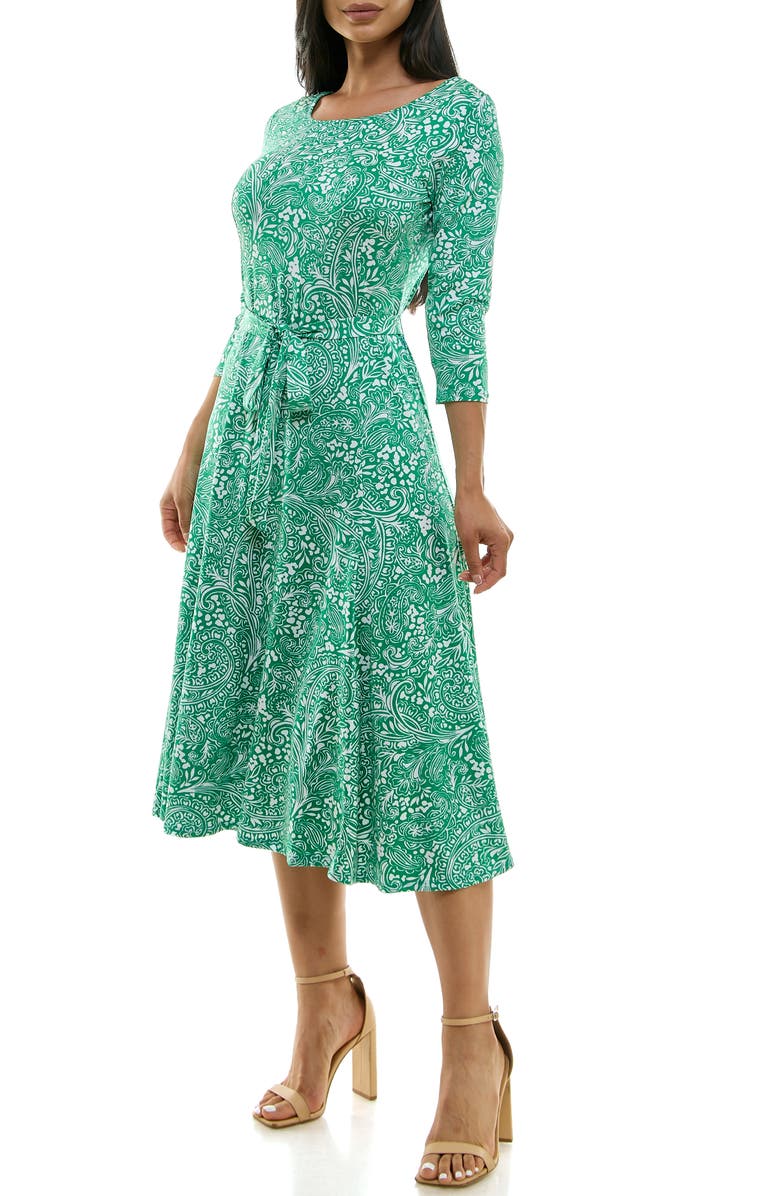 Nina Leonard Crewneck Three-Quarter Sleeve Midi Dress, Alternate, color, Bright Green/ White