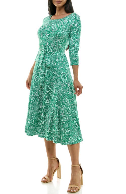 Shop Nina Leonard Crewneck Three-quarter Sleeve Midi Dress In Bright Green/white