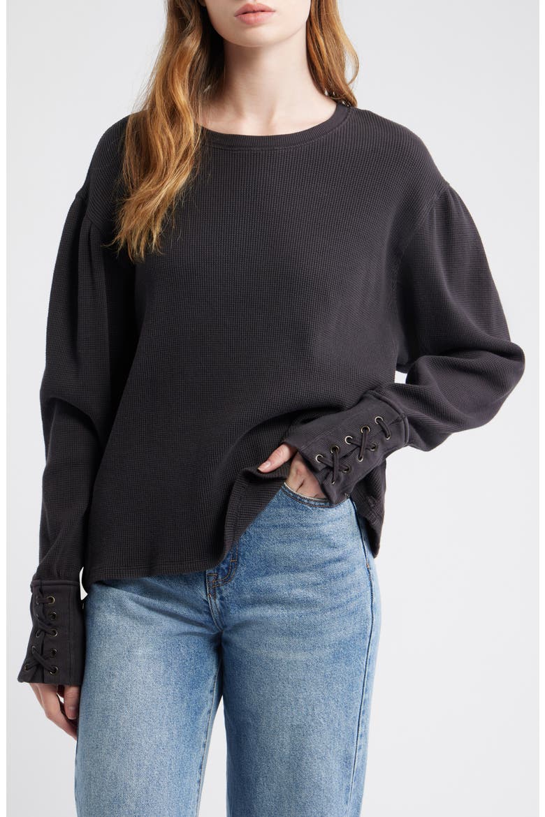 Lapis Lace-Up Cuff Cotton Thermal Top, Main, color, BLACK