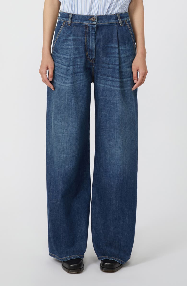 Weekend Max Mara Ortles Pleat Front Wide Leg Jeans, Main, color, Navy