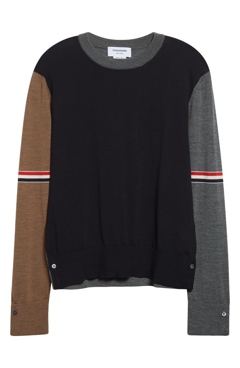 Thom Browne Fun-Mix Colorblock Relaxed Virgin Wool Crewneck Sweater, Main, color, Navy/ Grey/ Brown