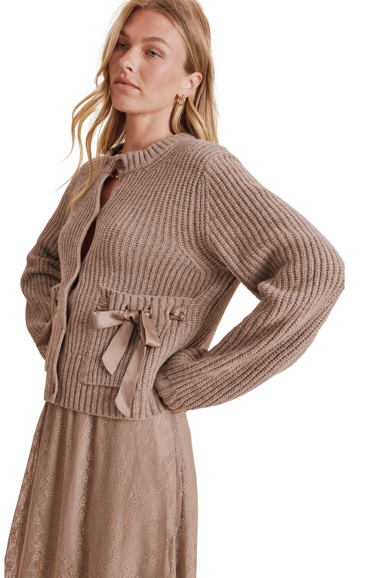 Selena Bow Packet Cardigan, Alternate, color, HEATHER JAVA BROWN