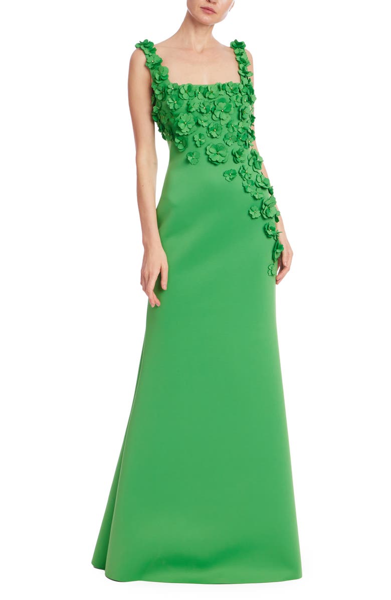 Badgley Mischka Collection Floral Appliqué Scuba Knit Trumpet Gown, Main, color, Green