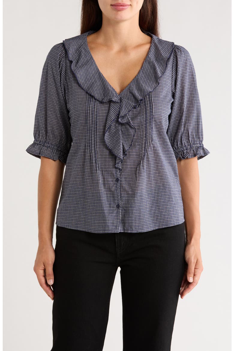 Ruffled V-Neck Button Top, Main, color, STARGAZER