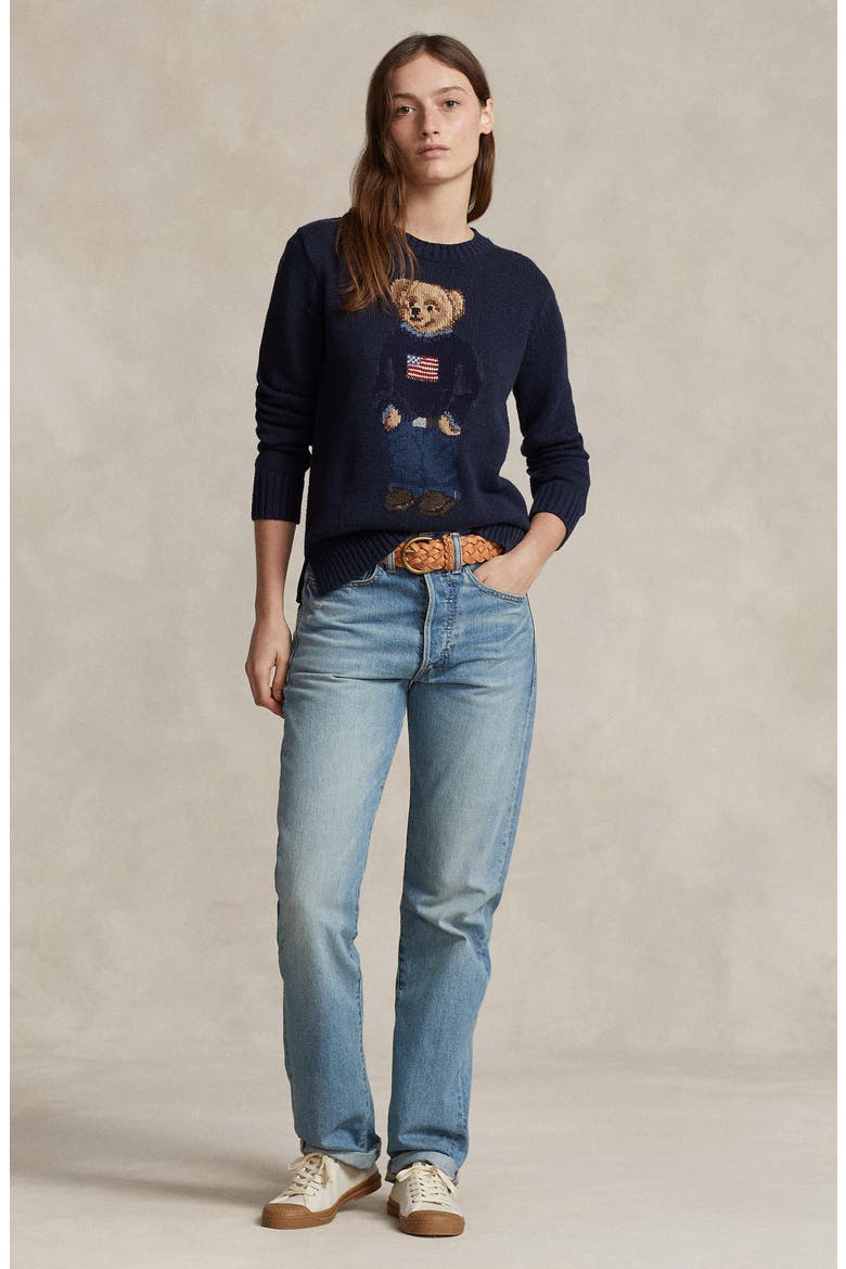 Bear Graphic Cotton & Linen Crewneck Sweater, Alternate, color, NAVY MULTI