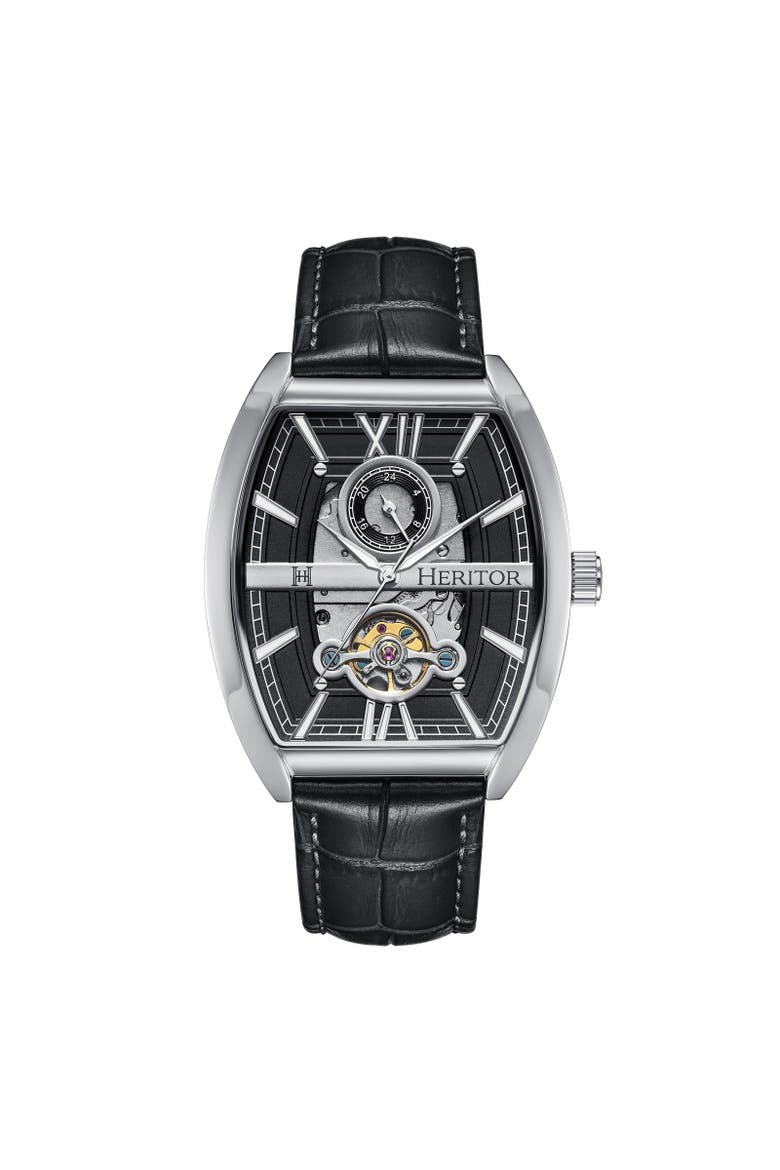 Masterson Semi-Skeleton Leather-Band Watch, Main, color, Silver/Black