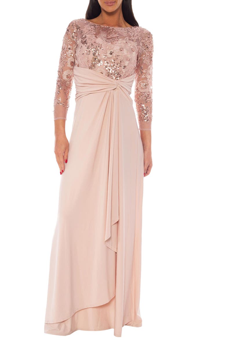 Oleg Cassini Beaded Sequin Ruffle Gown, Main, color, Blush
