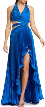 Mac Duggal Women's Halter Neck Pleated Charmeuse Cut Out Gown
