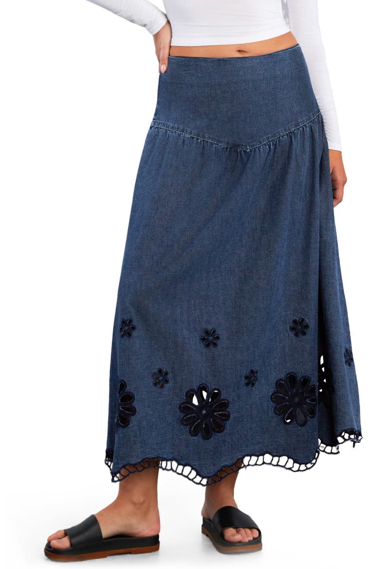 Camellia Floral Cutout Denim Maxi Skirt, Main, color, PETAL DENIM