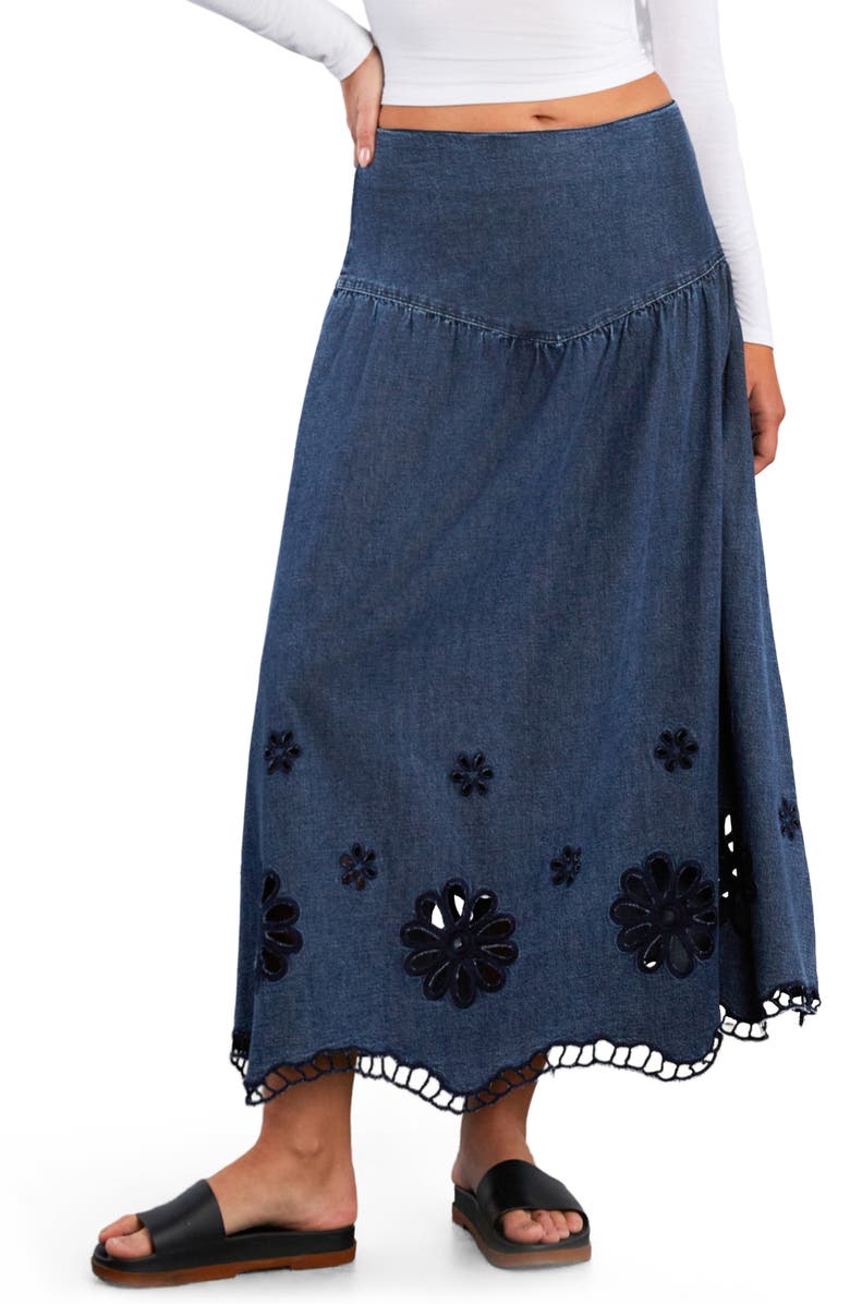 Wash Lab Denim Camellia Floral Cutout Denim Maxi Skirt, Main, color, Petal Denim