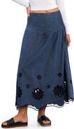 Wash Lab Denim Camellia Floral Cutout Denim Maxi Skirt