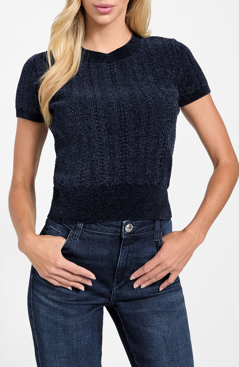 GUESS Marcie Short Sleeve Chenille Sweater, Main, color, Jblack-Black