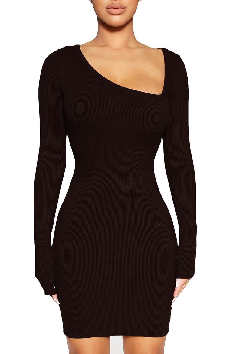 Micro Rib Asymmetric Long Sleeve Body-Con Minidress, Main, color, BLACK