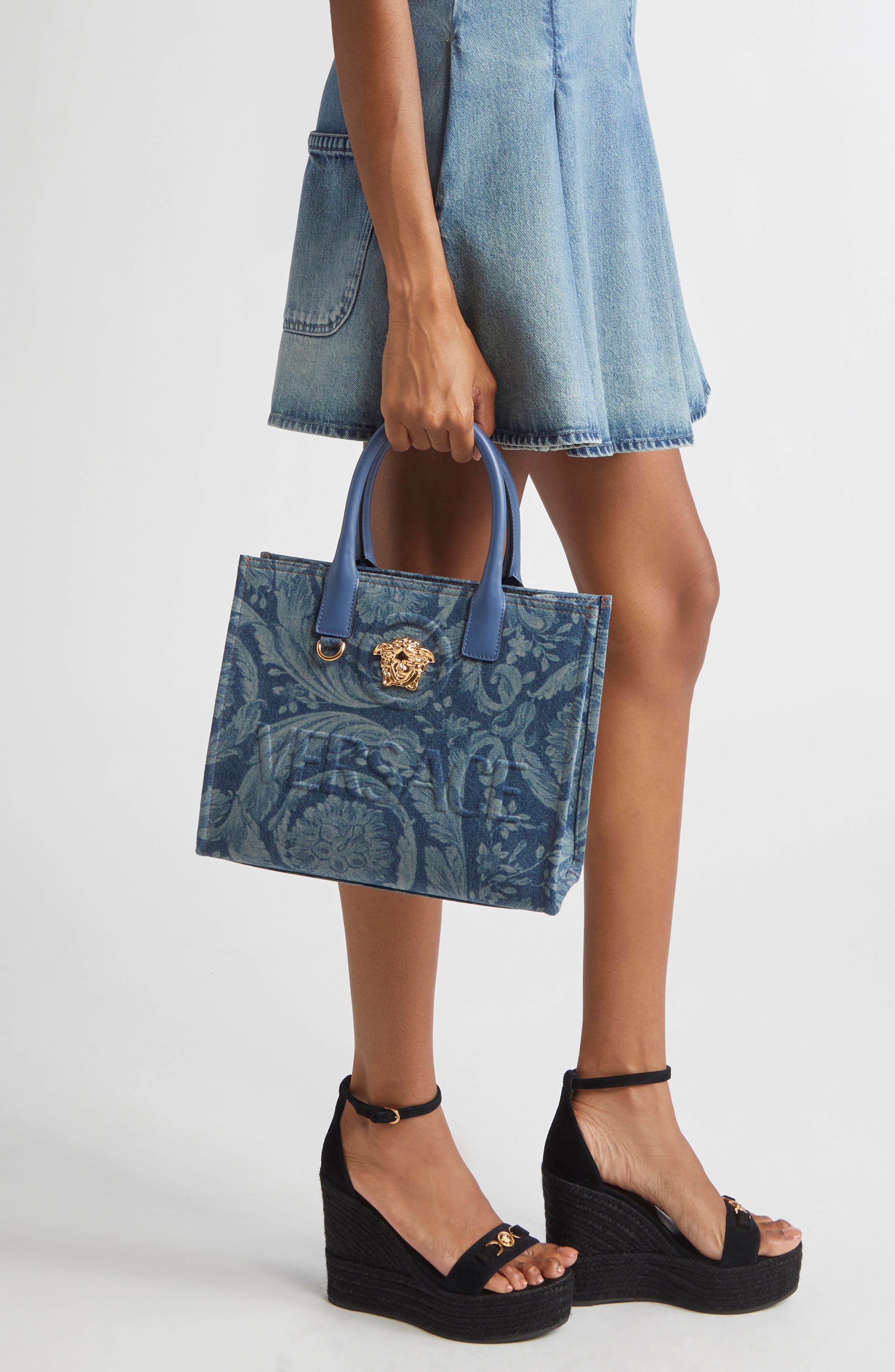 Versace Small La Medusa Barroco Denim Tote, Alternate, color, 