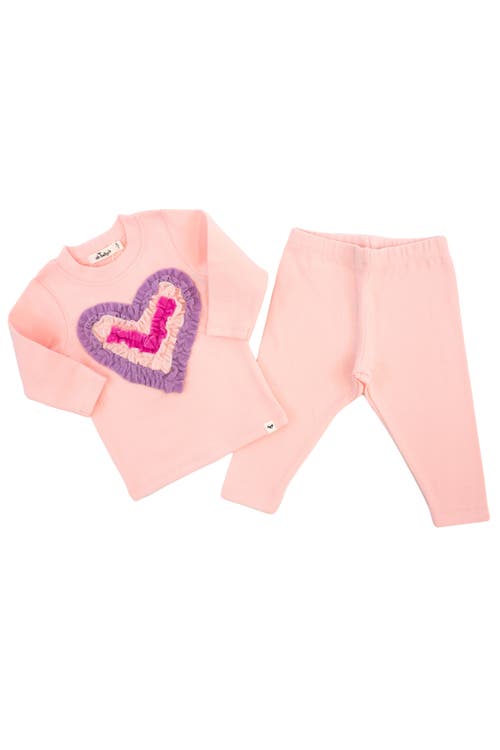 Oh Baby ! Multi Ruffle Heart Terry Applique Two Piece Set In Pale Pink
