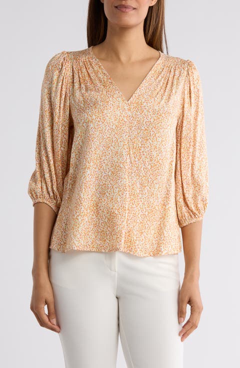 Dot V-Neck Three-Quarter Sleeve Top