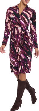 London Times Long Sleeve Faux Wrap Shirtdress