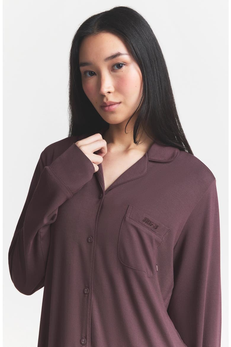 Sleep Long Sleeve Button-Up Pajamas, Alternate, color, RAISIN