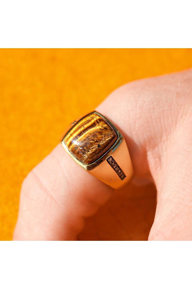 Chatoyant Yellow Tiger Eye Silver Diamond Men Signet Ring, Alternate, color, 14KT Gold Vermeil on Sterling