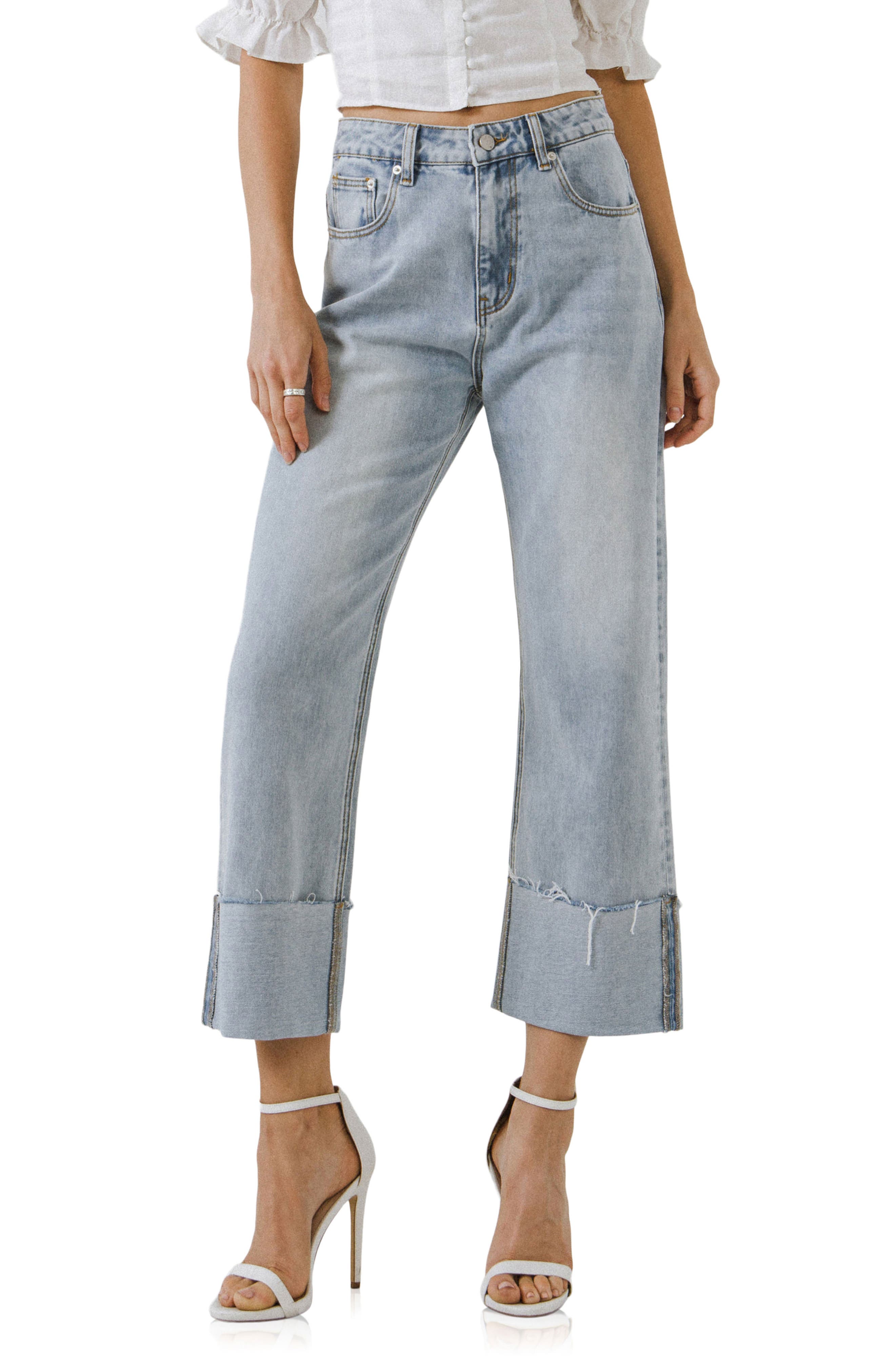 Frayed Cuff Straight Leg Ankle Jeans