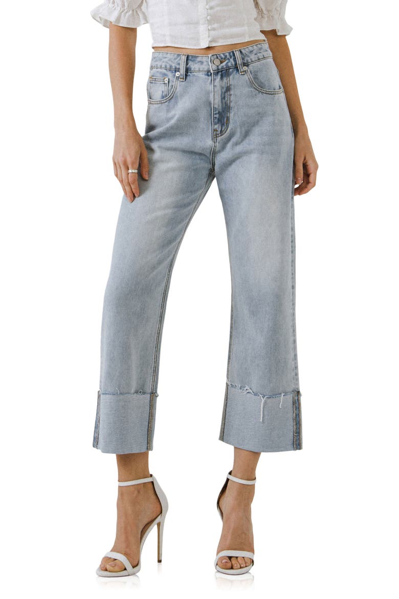 Frayed Cuff Straight Leg Ankle Jeans, Main, color, DENIM