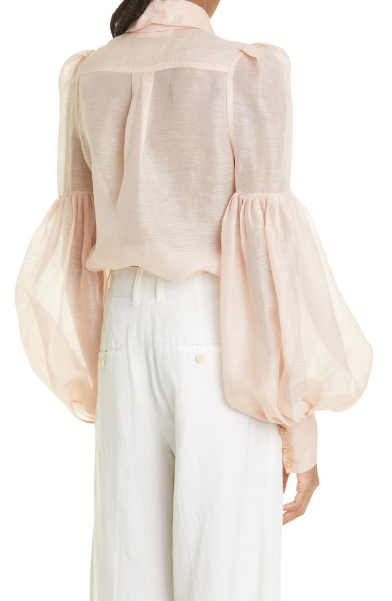 Zimmermann Dancer Tie Neck Linen & Silk Organza Blouse, Alternate, color,