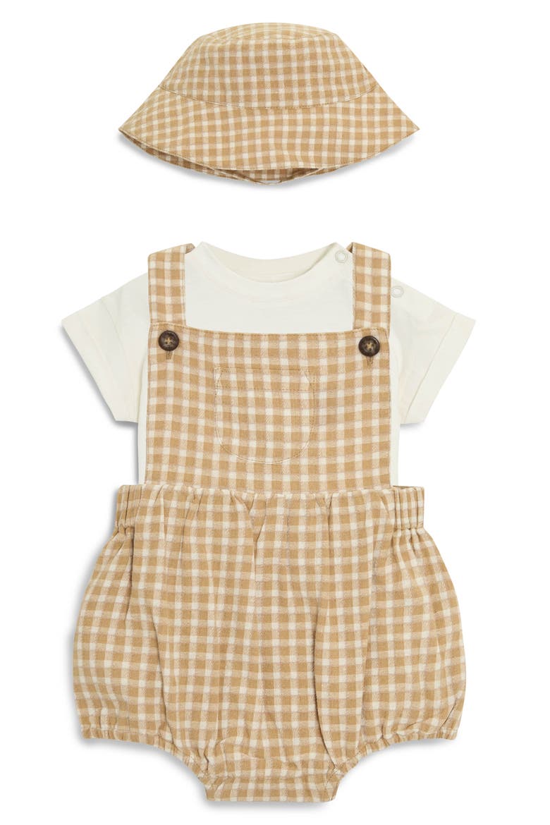 Stripe Cotton Shirt, Romper & Hat Set, Main, color, BROWN