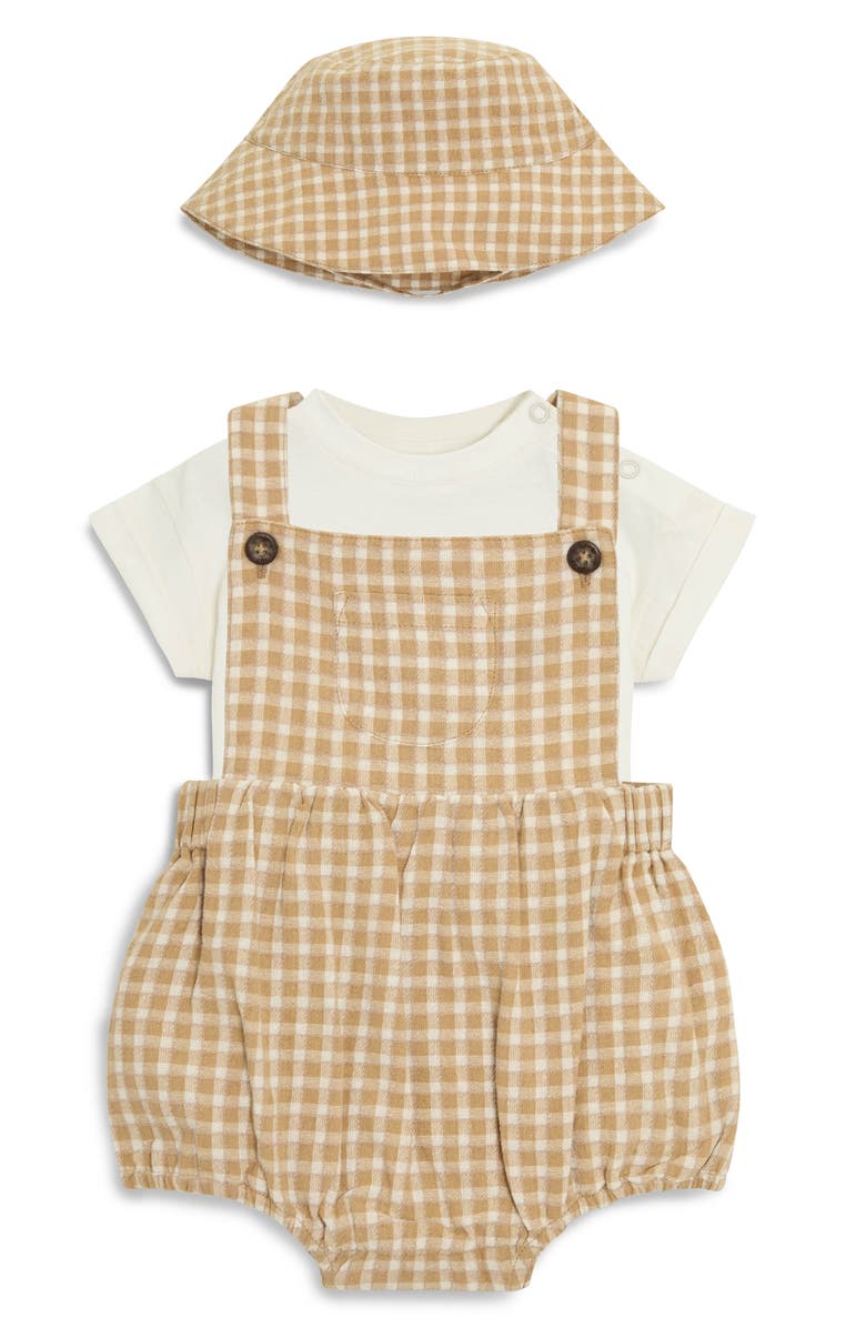 JOJO MAMAN BEBE Stripe Cotton Shirt, Romper & Hat Set, Main, color, Brown