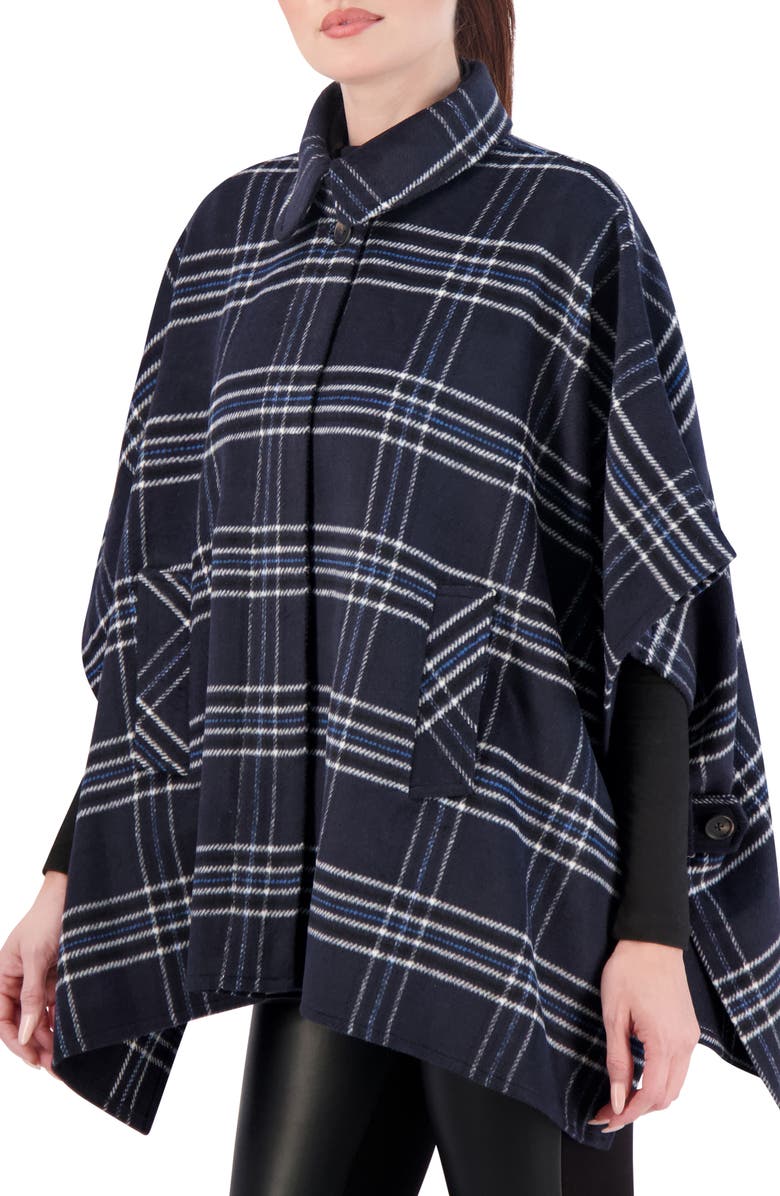 Ookie & Lala Plaid Brushed Knit Cape, Alternate, color, Navy/ White