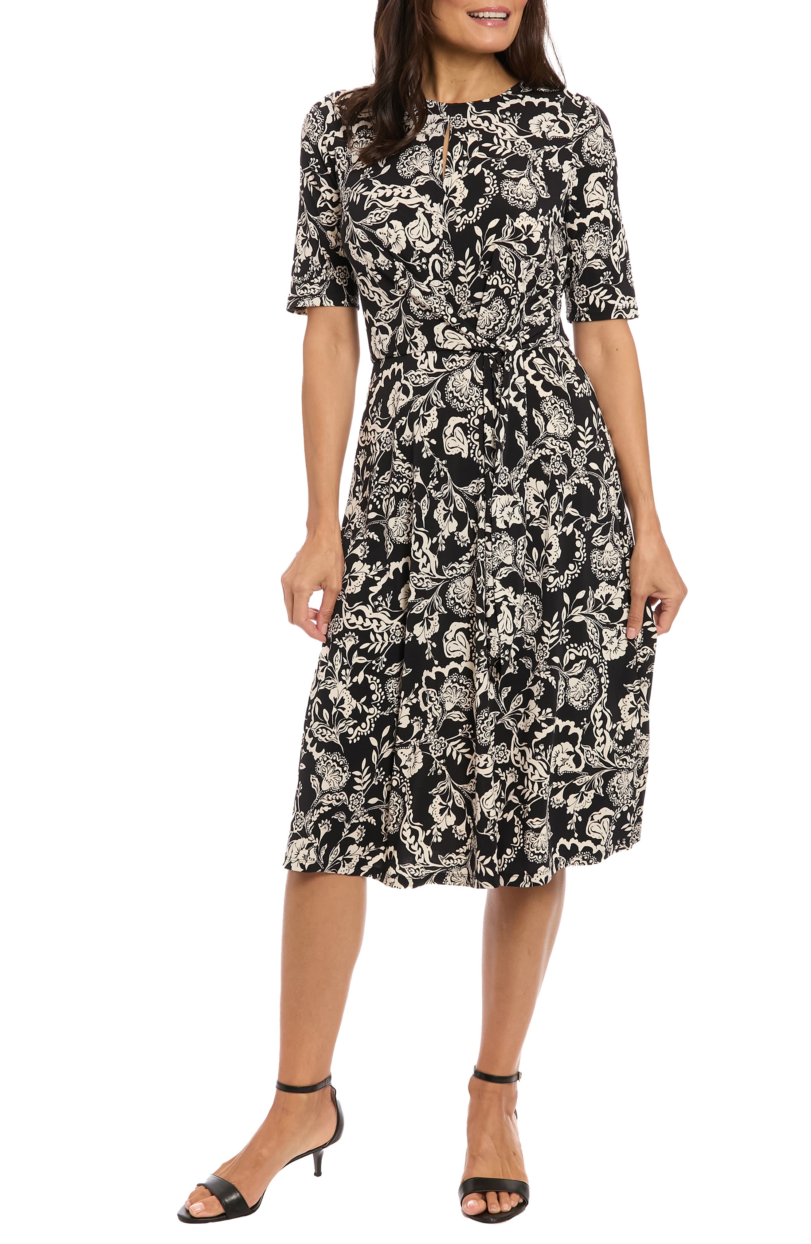 London Times Women's Crewneck Fit and Flare Midi Dress - Rust/Beige
