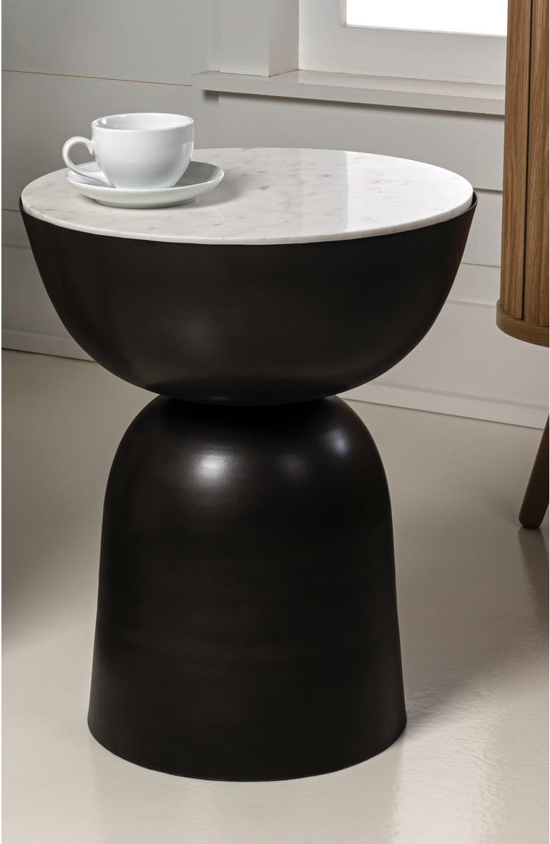 JONATHAN Y Atarah Modern Round Marble Top Accent Table, Iron Hourglass Base, Unique Veined End Side Table for Living Room, Alternate, color, Black/White