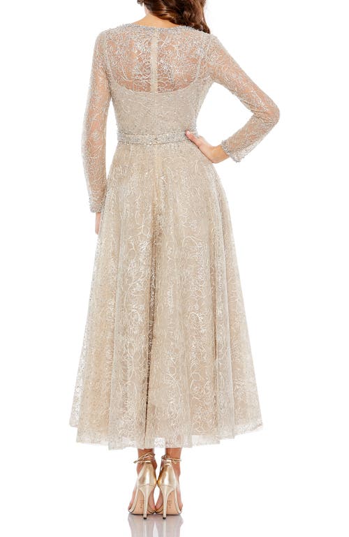 Mac Duggal Embellished Wrap Over Long Sleeve Midi Dress In Taupe