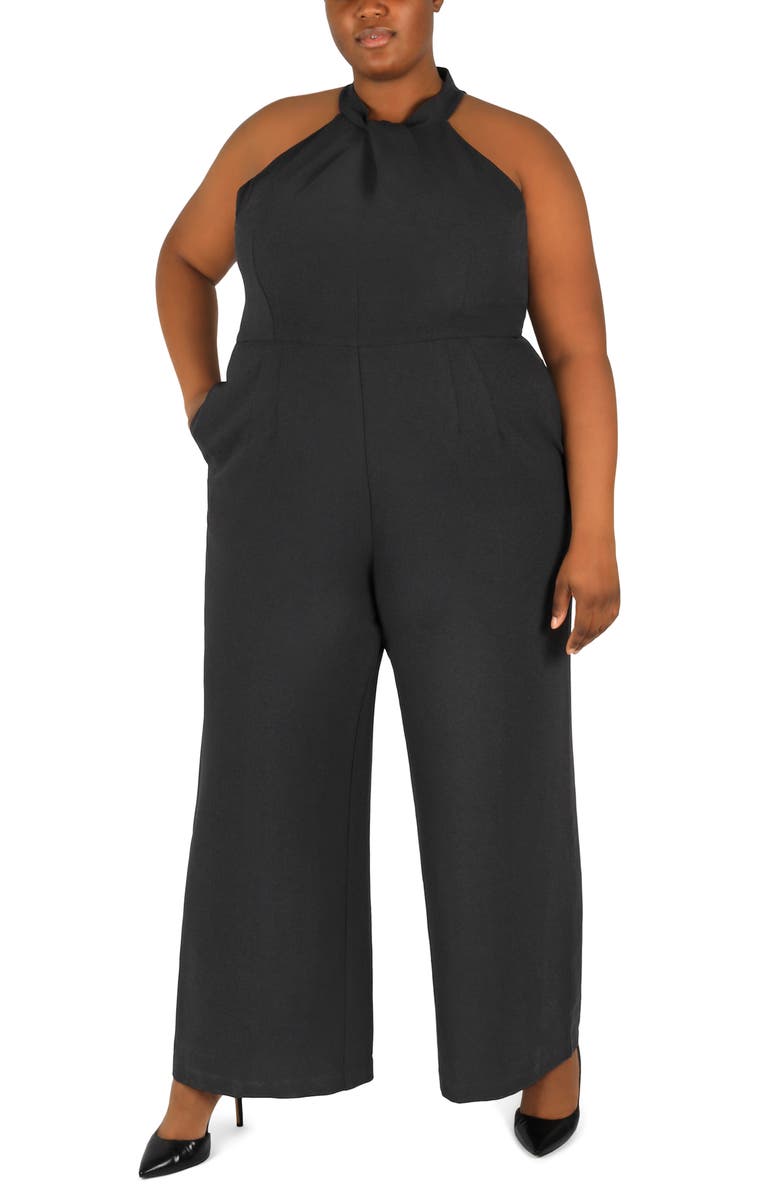 Julia Jordan Sleeveless Twisted Halter Wide Leg Jumpsuit, Main, color, Black