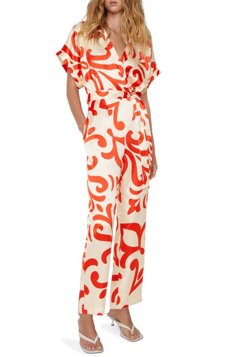 Printed Tie Belt Satin Jumpsuit