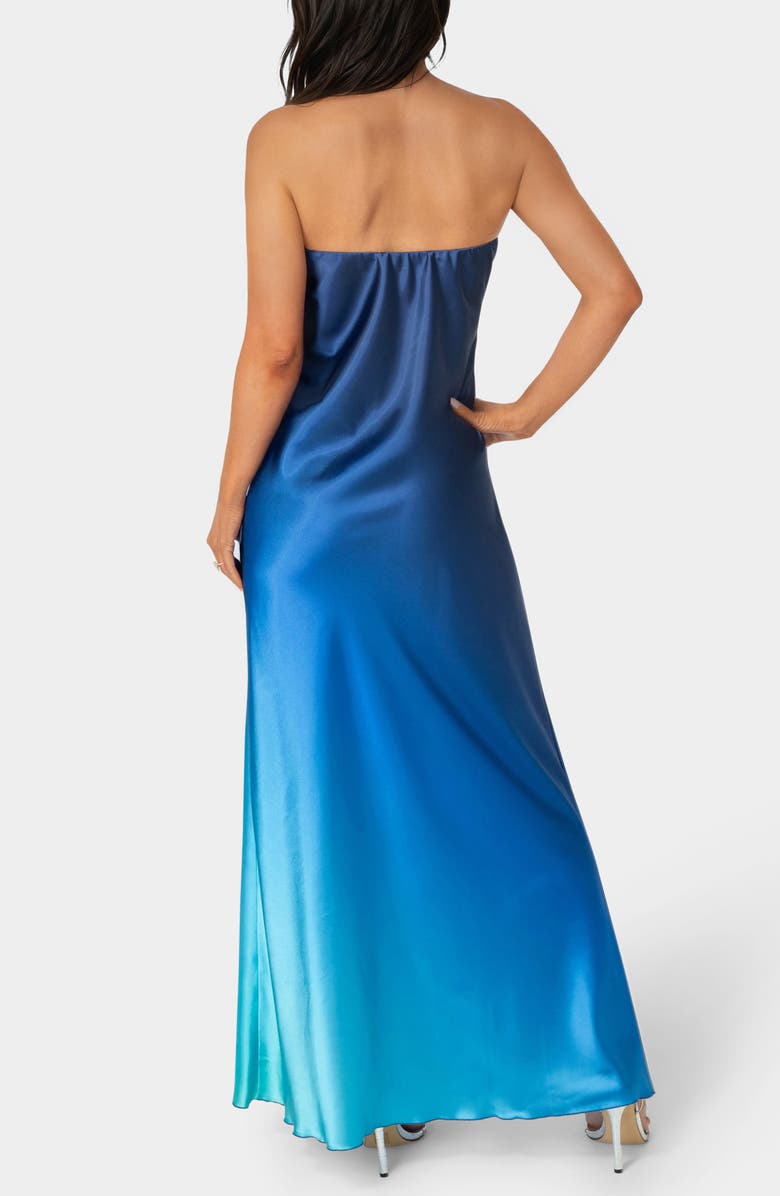 bebe Satin Ombré Strapless Maxi Dress, Alternate, color, Blue Multi