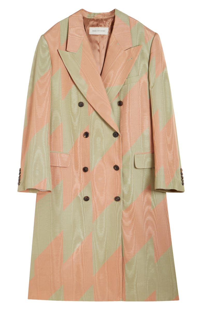 Dries Van Noten Barrysta Broken Stripe Double Breasted Moire Overcoat, Alternate, color, Pistache