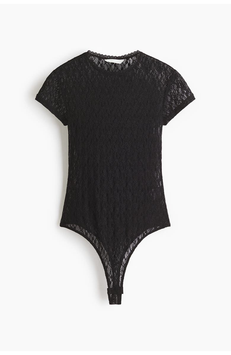 H&M Lace-look Jersey Thong Body, Main, color, Black