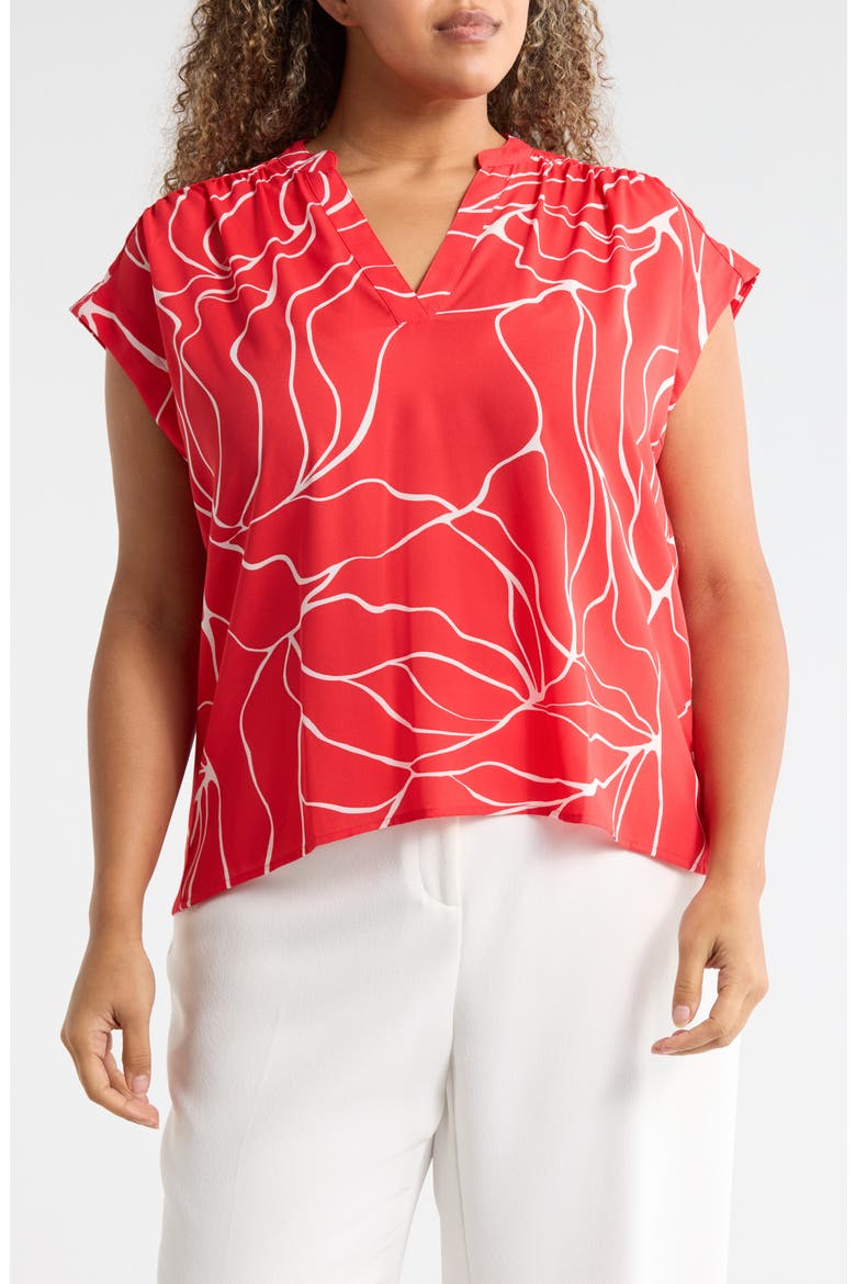 Growover Print Shirred V-Neck Top, Main, color, RED- IVORY CRACKED ABSTRACT