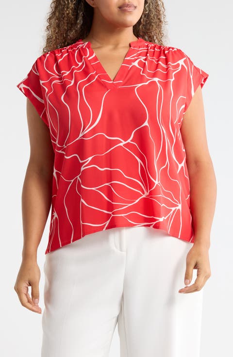 Growover Print Shirred V-Neck Top (Plus)