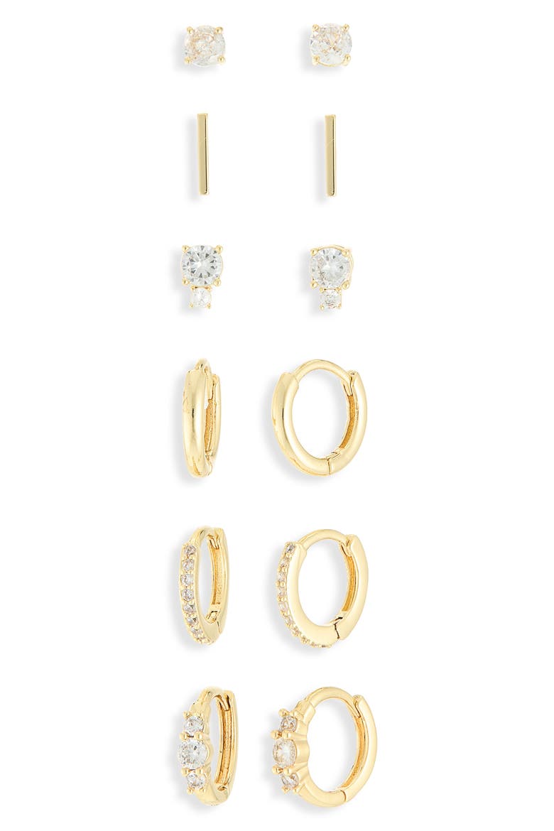 Set of 6 Cubic Zirconia Stud & Huggie Hoop Earrings, Main, color, CLEAR-GOLD