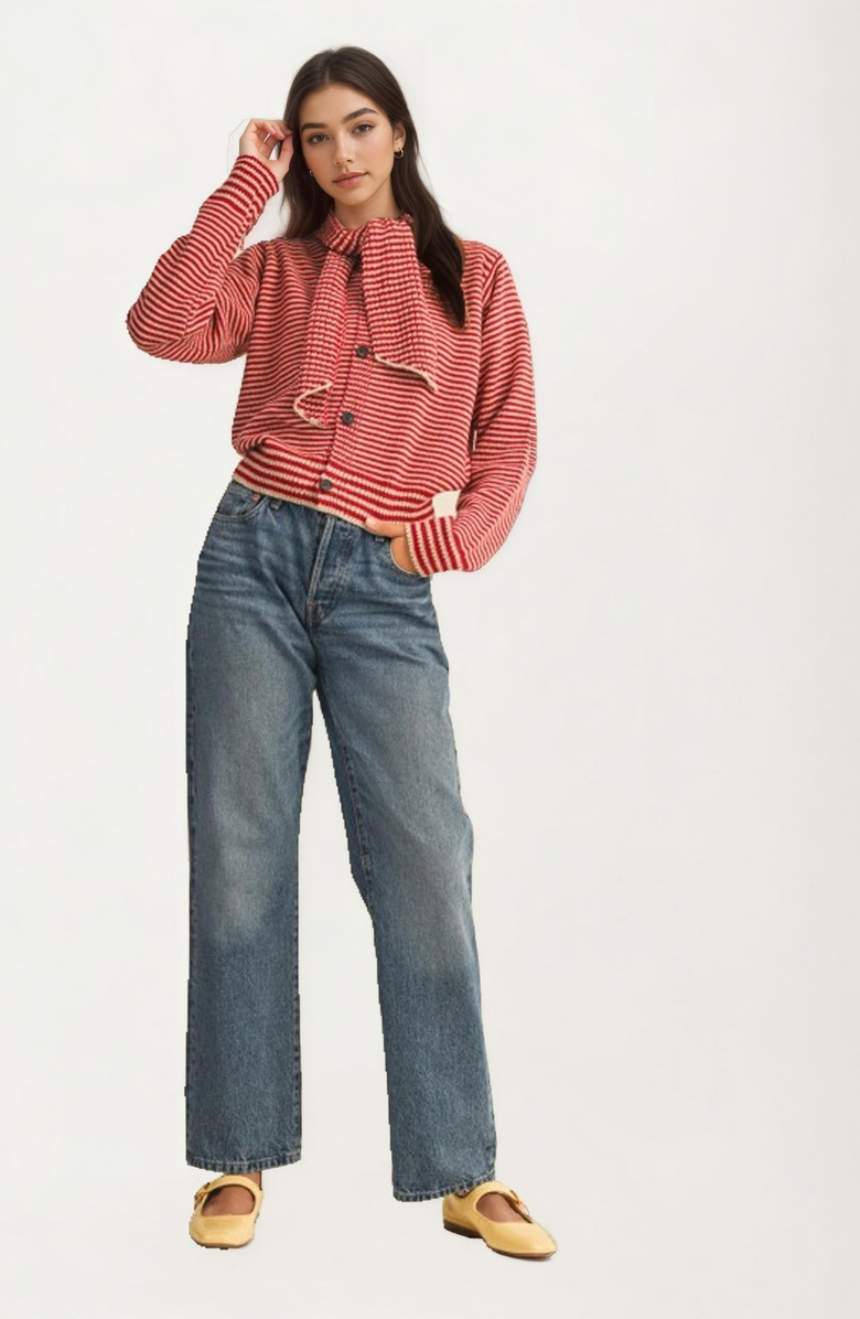 Knit and Lounge Striped Knit Button Tie-Neck Scarf Cardigan, Main, color, Red / Off-White Stripes