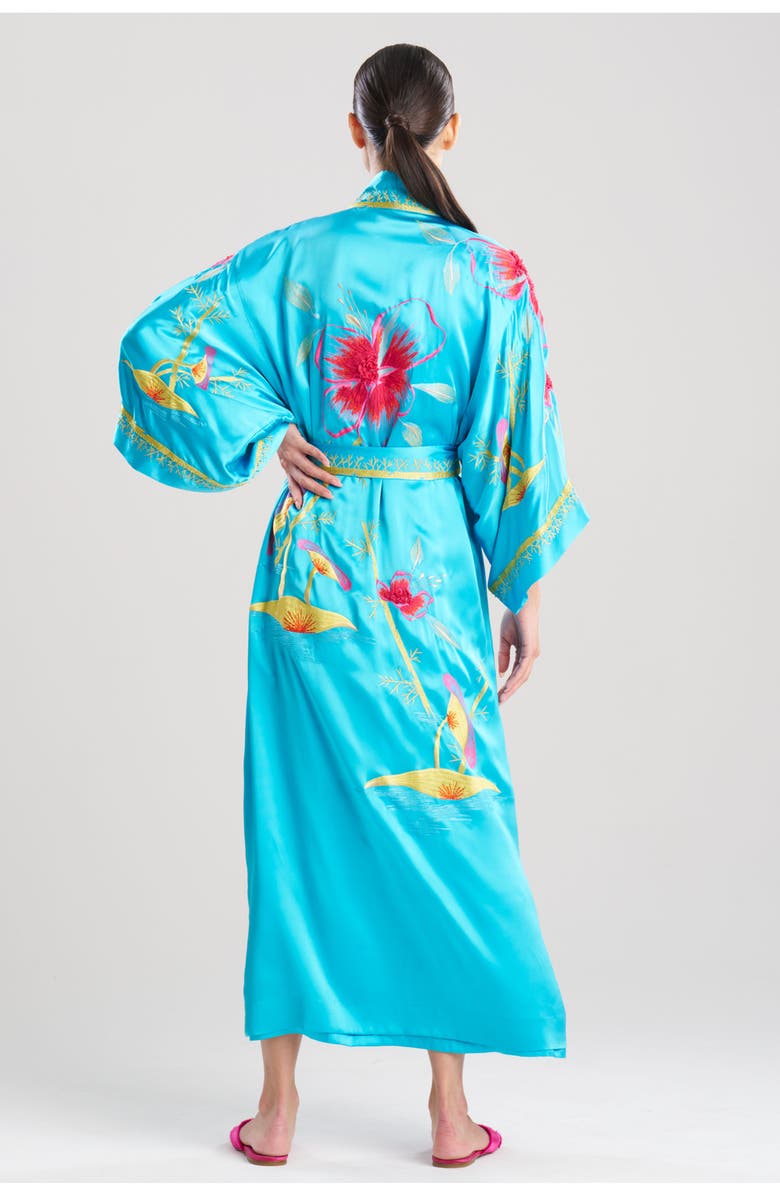 Josie Natori Couture Bali Embroidered Silk Robe, Alternate, color, Azure
