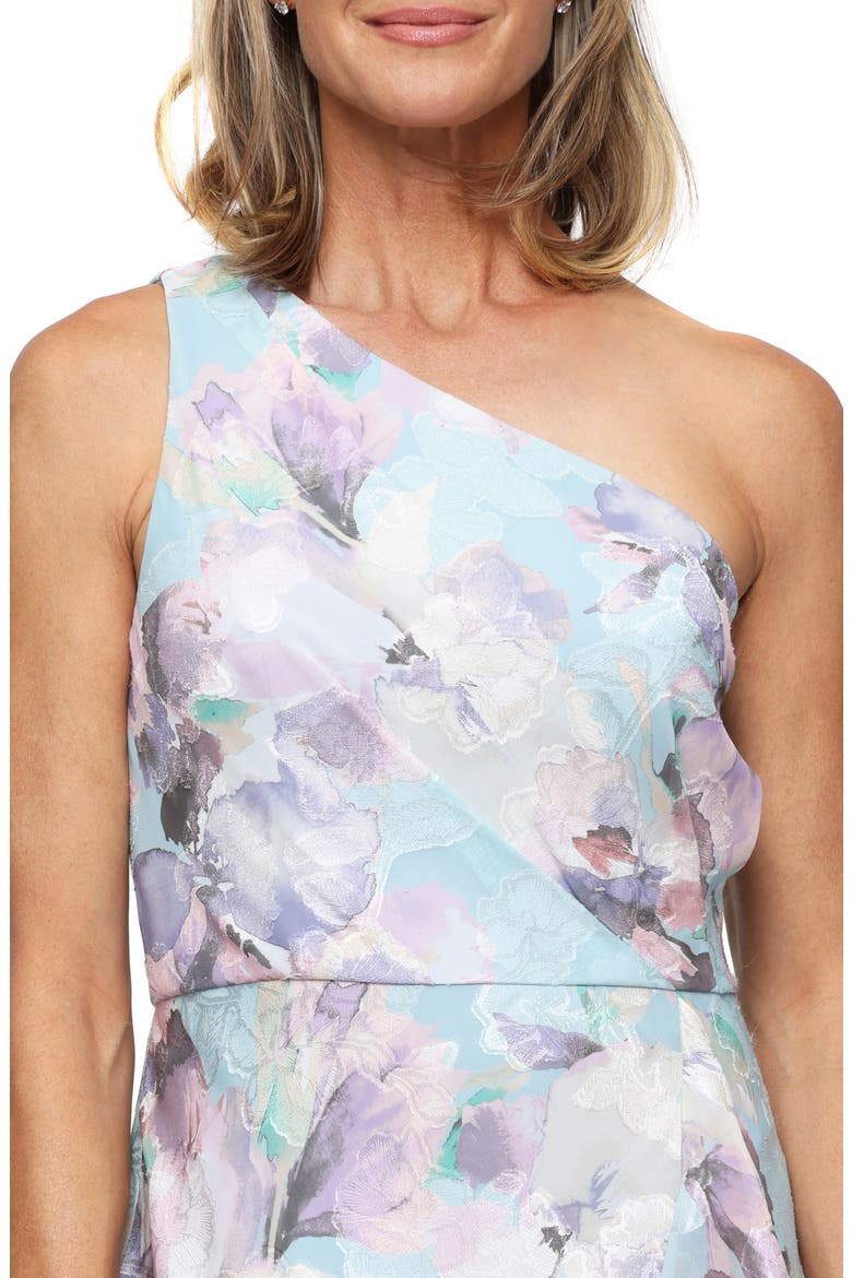 Flower Print Burnout Chiffon One-Shoulder Gown, Alternate, color, BLUE/ MULTI