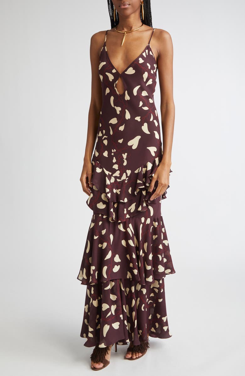 Johanna Ortiz Reinterpretation Heart Print Silk Maxi Dress, Alternate, color, Dark Chocolate / Ecru / Red