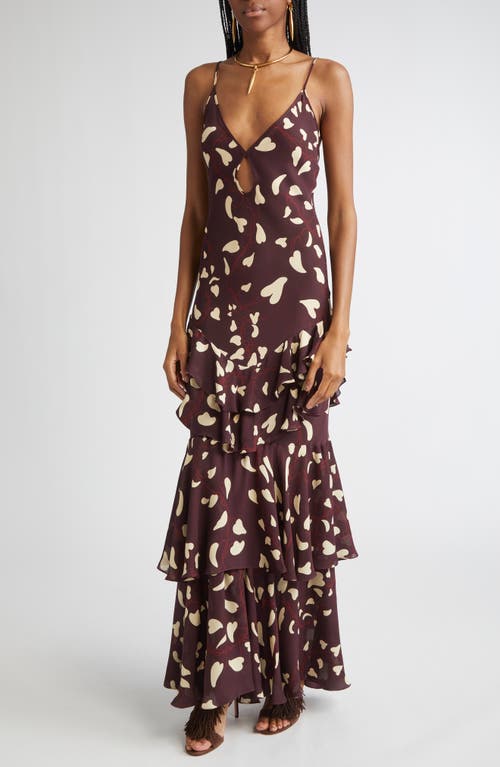 Johanna Ortiz Reinterpretation Heart Print Silk Maxi Dress In Brown