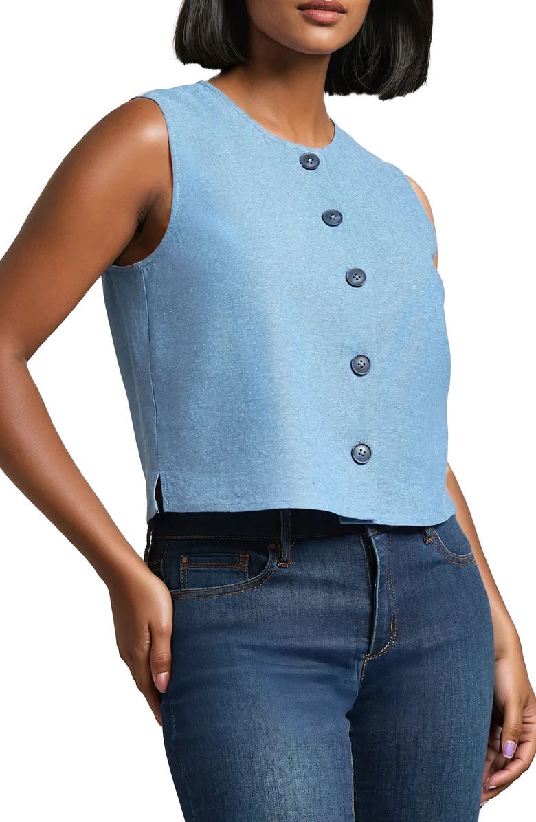 Jones New York Front Button Sleeveless Linen Blend Top, Alternate, color,