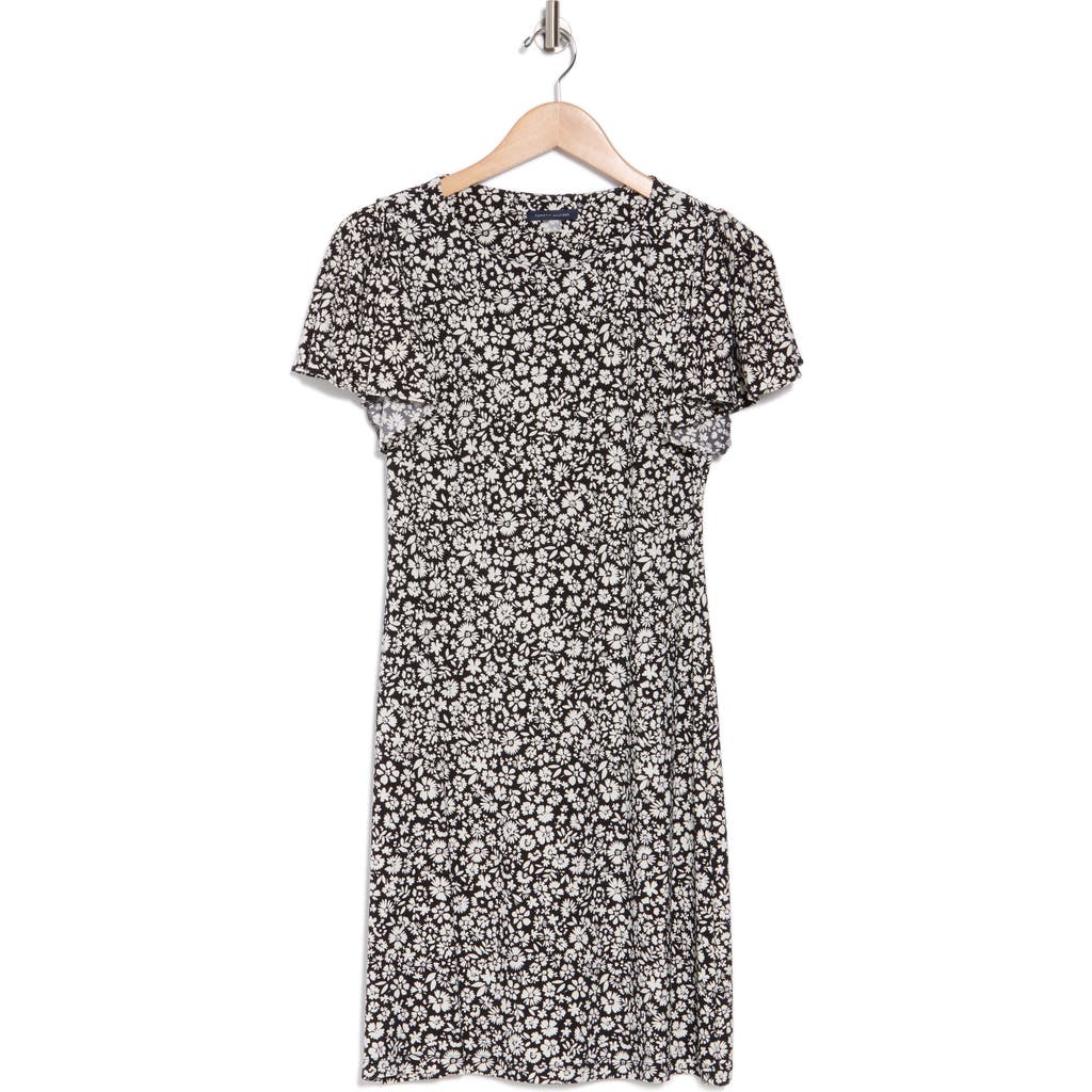 Tommy Hilfiger Floral Flutter Sleeve Jersey Shift Dress In Black/ivory