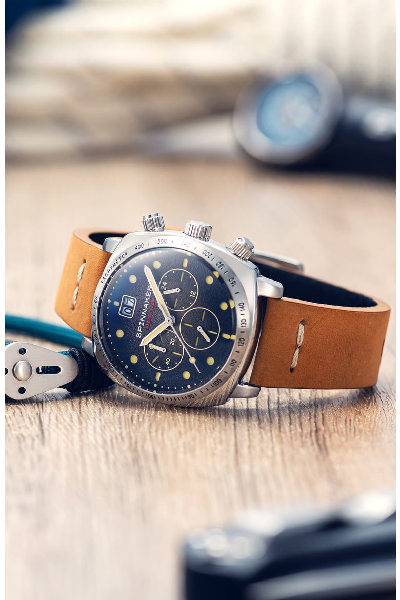 Hull Chronograph Leather Strap Watch, 42mm, Alternate, color, BLACK BLUE DIAL
