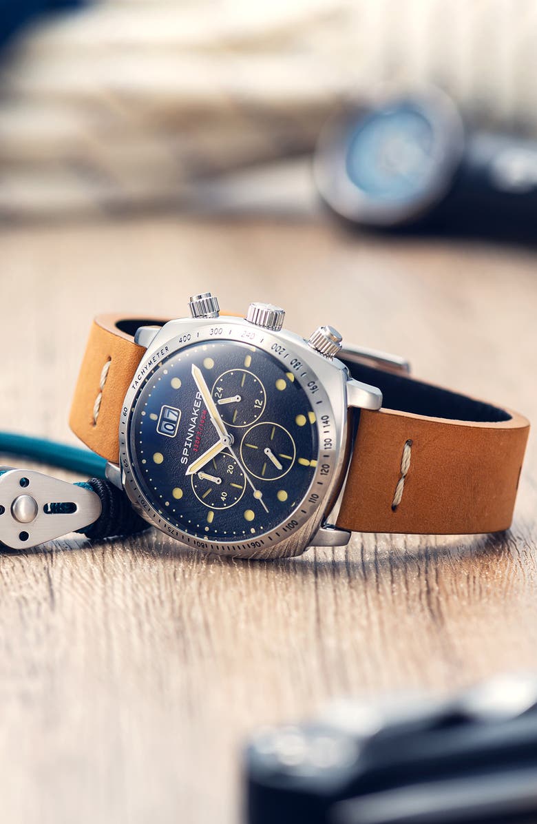 SPINNAKER Hull Chronograph Leather Strap Watch, 42mm, Alternate, color, Black Blue Dial